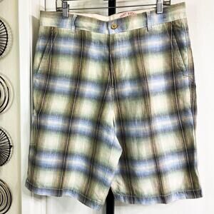 Tommy Bahama Mens Preppy Coastal Linen Shorts - Green Blue Plaid, Size 35